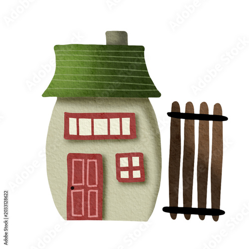 Cute hand-drawn watercolor illustration of a cozy house with a green roof and brown wooden fence