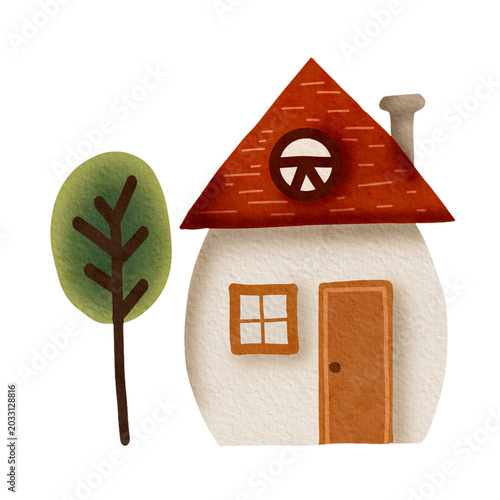 Cute hand-drawn watercolor illustration of a cozy white house with a red roof and a green tree