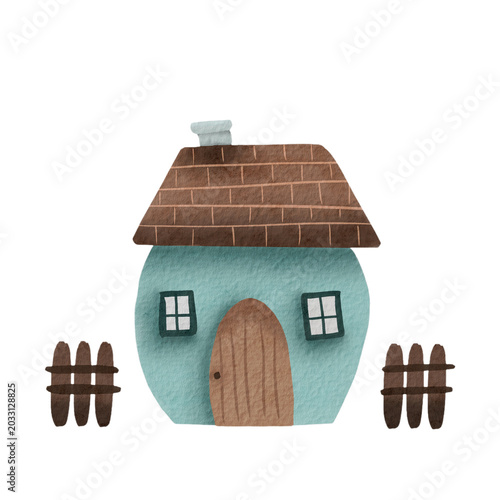 Cute hand-drawn watercolor illustration of a round blue cottage with a brown roof and fences