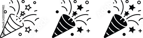 Bild auf Leinwand Set of three black party popper icons in different line weights with exploding confetti and stars isolated on a white background for celebration event and holiday design