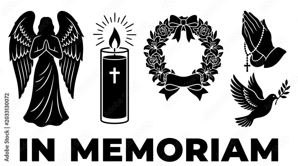Obraz premium Set of Memorial and Funeral Silhouette Icons Featuring Angel, Candle, Wreath, Praying Hands, and Dove for Remembrance and Sympathy Designs