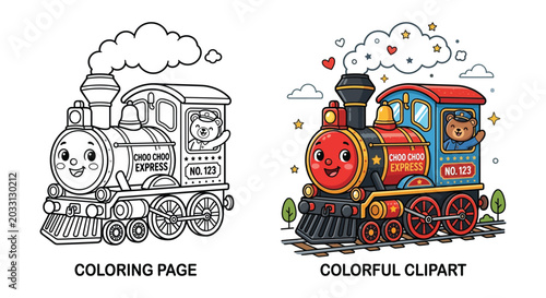Fotografie Cartoon locomotive with smiling face colorful vector illustration with scenic ba