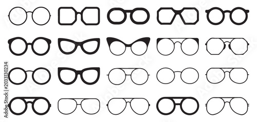 Comprehensive collection of various stylish eyeglass frames isolated on transparent backdrop.