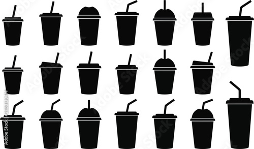 Принти на полотні Black disposable cups with straws and lids, various styles on white background,