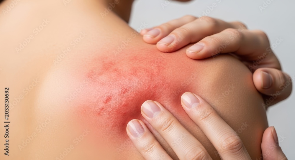 Fototapeta premium Skin irritation and rash on female shoulder area.