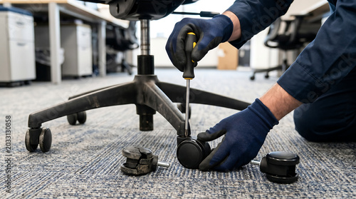 Professional Technician Replacing Broken Caster Wheels on Office Chair with Screwdriver Wearing Dark Gloves on Carpet Floor Office Furniture Repair