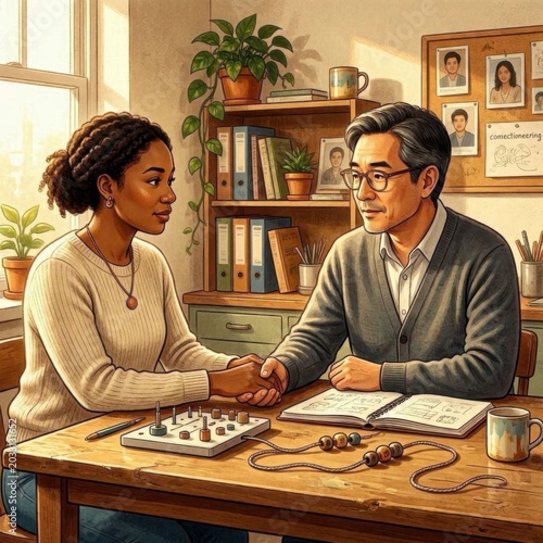 Supportive Therapy Session Featuring Professional Counselor and Client Discussing Emotional Wellness and Healing in a Calm Office Setting