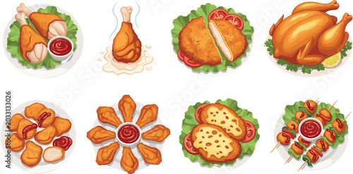 Bilde på lerret Fried Chicken Platter Vector Illustration Set with Crispy Nuggets Wings Whole Ro