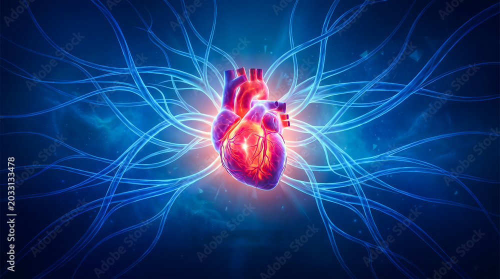 Fototapeta premium Glowing human heart with electric blue fibers