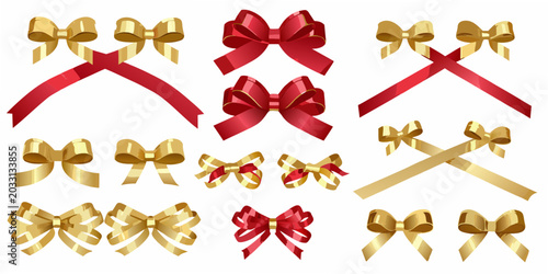 Schilderij op canvas Gold and red ribbon bows vector illustration on a white background