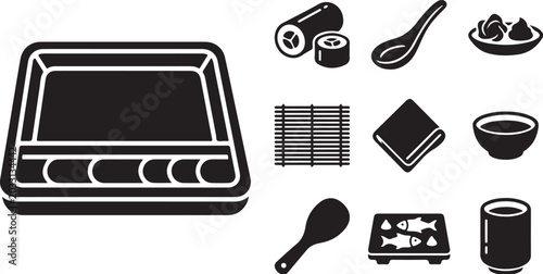Sushi restaurant icons and utensils illustration set black