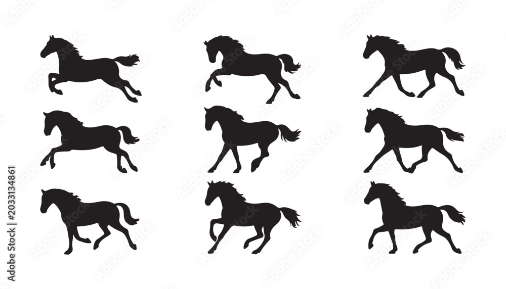 Obraz premium Collection of horse silhouettes depicting various galloping, trotting, and running motions on white backdrop.