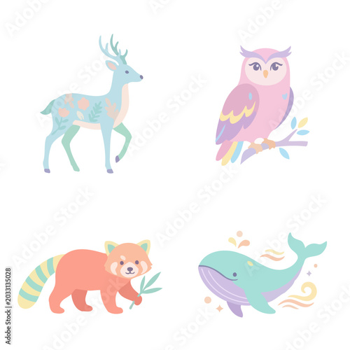 Canvas Print A collection of cute pastel colored wild animals in a flat graphic design style