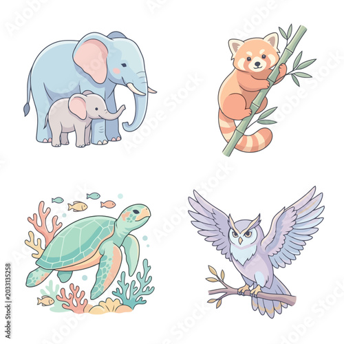 Photography A collection of cute hand drawn illustrations featuring various wild animals