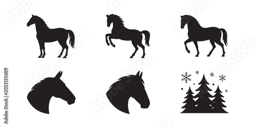 Fotografi Set of six black silhouettes of horses in different poses with winter trees isolated on a white background