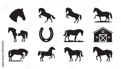 Photos Set of black horse and horseshoe silhouettes representing different poses, actions, and equestrian themes