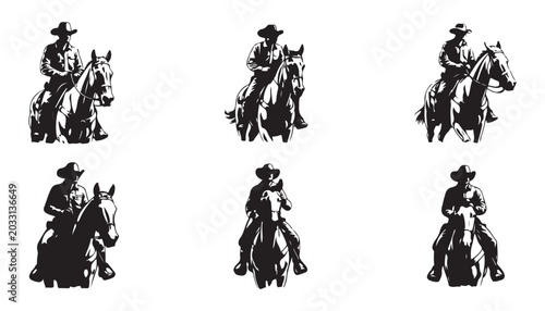 Quadro su tela Various cowboy on horse silhouettes illustrating western riding, rodeo, and ranch life