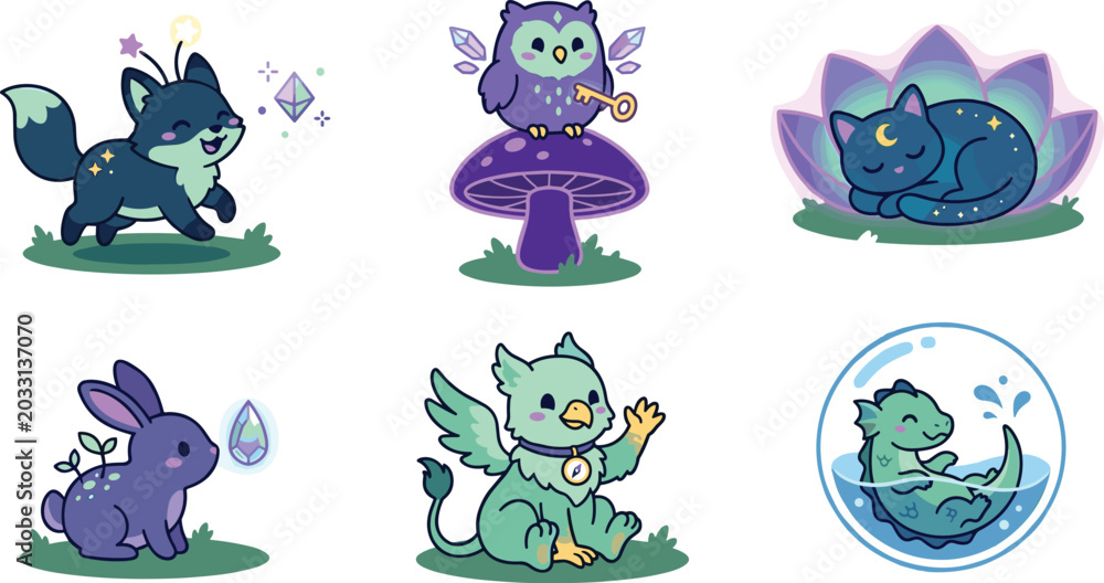 Obraz premium Cute Fantasy Creature and Magical Animal Illustration Collection Featuring Mystic Fox, Enchanted Cat, Bunny, Owl, Dragon, and Adorable Cartoon Companion Characters
