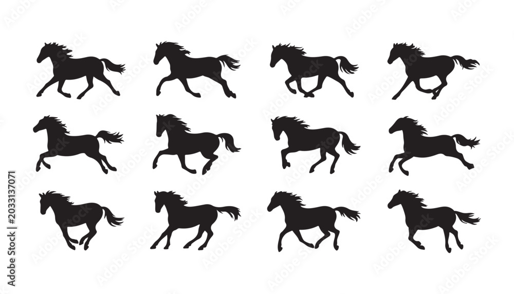 Obraz premium Running horse silhouettes, action poses, vector set, dynamic equine movement, graphic design elements.