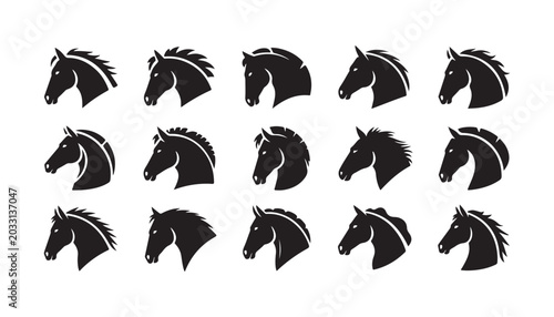 Foto Horse head icons, various mane styles, vector graphic elements, equestrian symbols, digital art collection