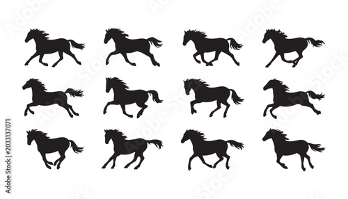 Running horse silhouettes, action poses, vector set, dynamic equine movement, graphic design elements.
