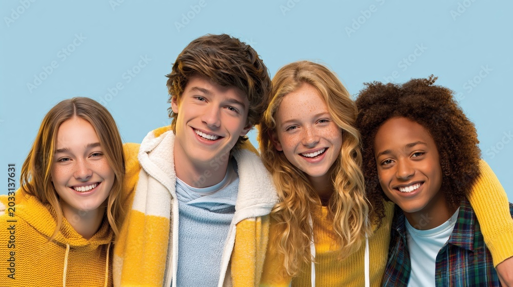 Obraz premium Diverse group of four happy teenagers laughing and smiling together, representing friendship and youth culture