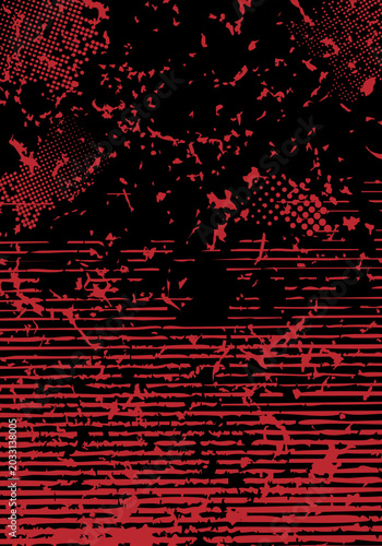 Abstract Red and Black Grunge Texture with Halftone Dots and Distress Lines Background