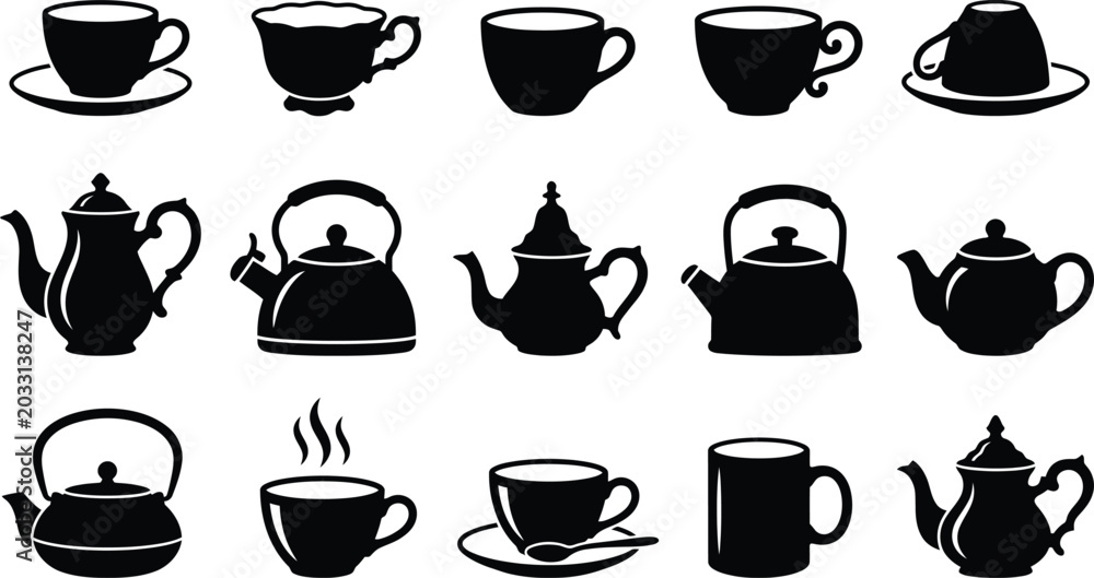 Fototapeta premium Black silhouettes of teapots and tea cups on white background, various styles