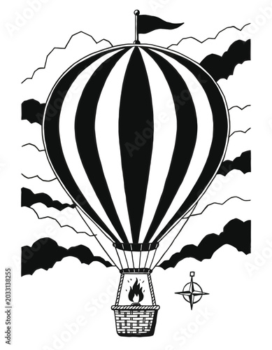 Bild auf Leinwand Hot air balloon flying in colorful sky with clouds and adventure travel illustra