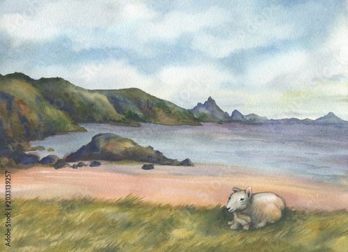 Beautiful landscape, panoramic illustration. A lamb lies on green grass against the backdrop of a beach and rocky coastline by the sea. Hand-drawn watercolor painting.
