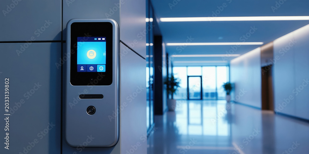 Obraz premium Smart control panel on wall in modern office corridor. Digital screen shows icons for building automation. System manages lighting and temperature for eco efficiency.