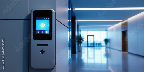 Smart control panel on wall in modern office corridor. Digital screen shows icons for building automation. System manages lighting and temperature for eco efficiency.