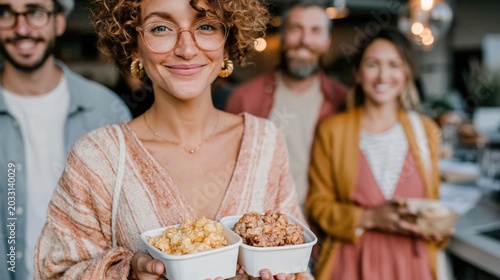 A smiling woman holds bowls of colorful popcorn at a lively gathering, surrounded by friends, capturing the essence of social connection and joyful moments.