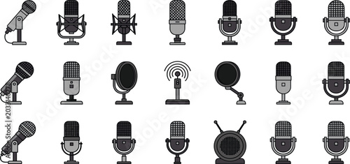Foto Professional Microphone Icon Collection Featuring Studio, Podcast, Broadcast, an