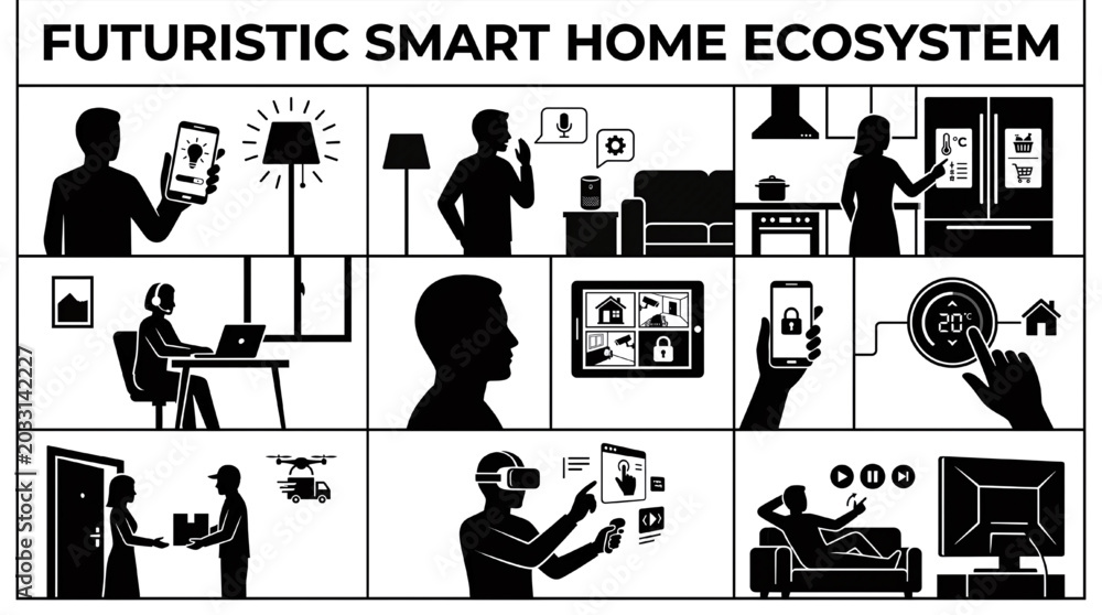 Obraz premium Modern Connected Home Silhouette Set with Smart Technology IoT Automation and Digital Lifestyle Actions