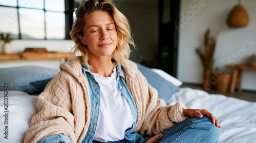 A serene woman practicing mindfulness in a stylish bedroom, showcasing a cozy lifestyle that emphasizes comfort, relaxation, and moments of personal introspection.