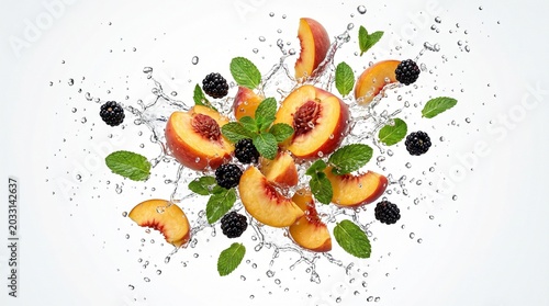 Fresh Peaches Blackberries and Mint Leaves Splashing in Water