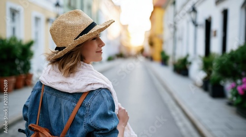 A fashionable woman wearing a straw hat strolls down a charming street, embodying the spirit of adventure and exploration with a stylish look in a picturesque setting.