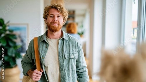 A young man with a charming, curly beard stands confidently in a bright, airy space while holding a shoulder bag, ready to embrace life's adventures with style.