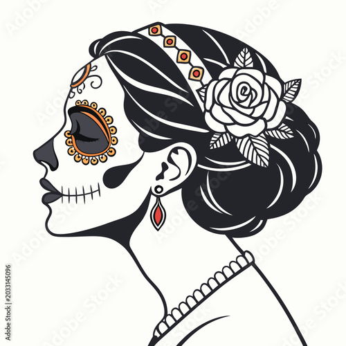 Slika na platnu Floral ornament depicting a stylized skull with detailed face painting and rose