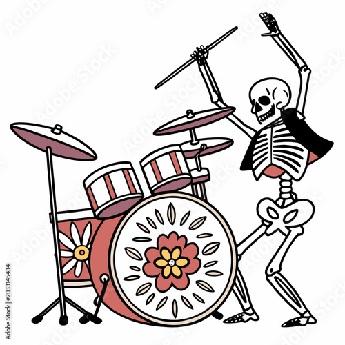 Foto Skeleton drummer playing a drum kit vibrant vector illustration with bold outlin