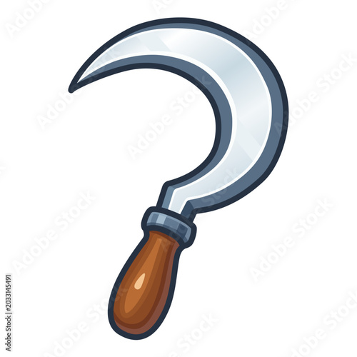 Agriculture sickle with wooden handle cartoon vector illustration isolated on white background