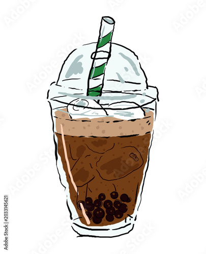 Frappuccino Cold Coffee Drink with Whipped Cream Doodle Icon Vector Illustration Isolated on White Background