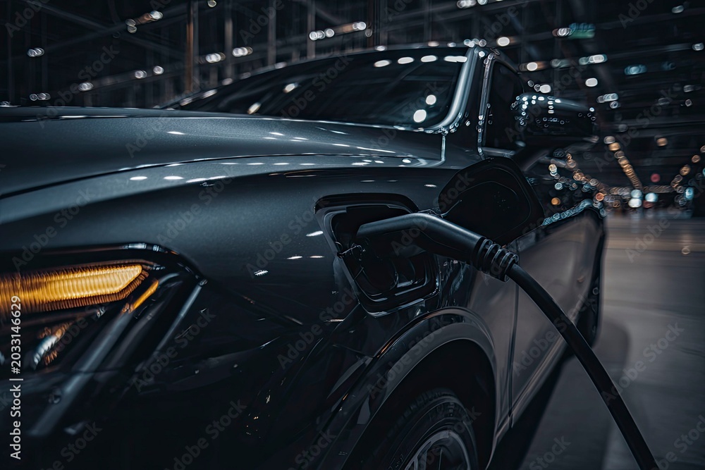 Fototapeta premium Electric Car Charging Cable Plugged into Vehicle at Charging Station