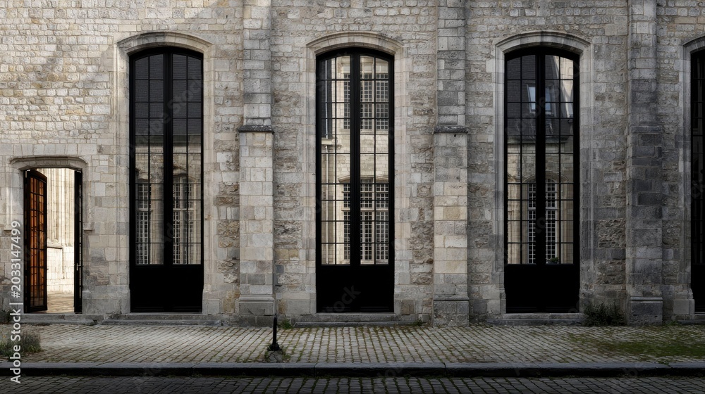 Fototapeta premium Sleek Black Steel Window Frames with Smart Glass Design