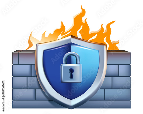 Foto 3D icon, cybersecurity symbol, protective firewall shield with a lock, fire and