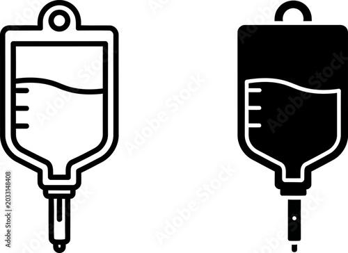 Foto Medical IV drip bag outline and solid icon on white background for healthcare an