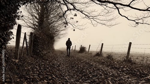Person walking on a path between fences and trees in sepia tone
