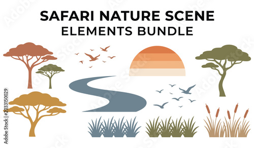 Obraz na plátně Safari Nature Scene Elements Bundle Wild African Trees, River, Grass, Birds, and