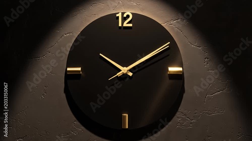 Minimalist black wall clock with golden hands against a dark background